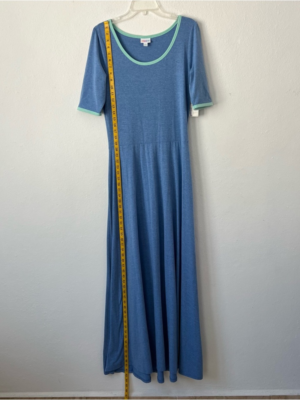 LuLaRoe Ana Maxi Dress  Boho Blue Heather with Mint Trim Short Sleeves Size L - Picture 9 of 15